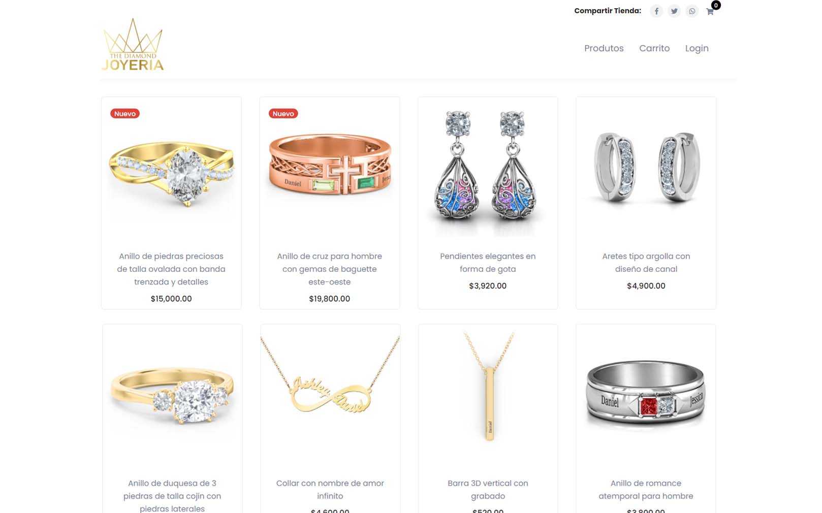 Image of the online store of a jewelry store where images of jewelry products such as rings, earrings and necklaces are shown with their respective prices and descriptions.